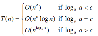 A function called T with one variable n and three parameters a, b and c. T is defined in three parts. If the logarithm, base b, 