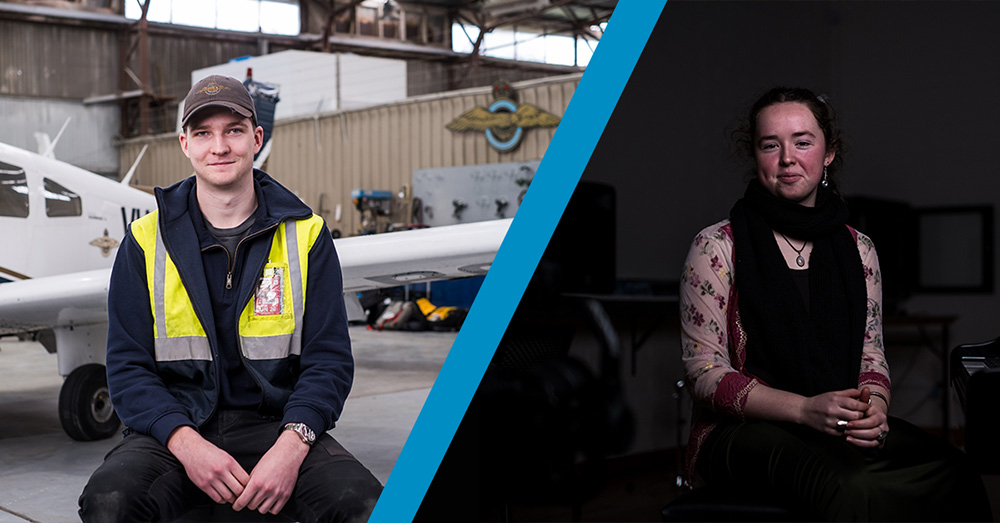 A young man in aviation suit and young woman in fashion attire