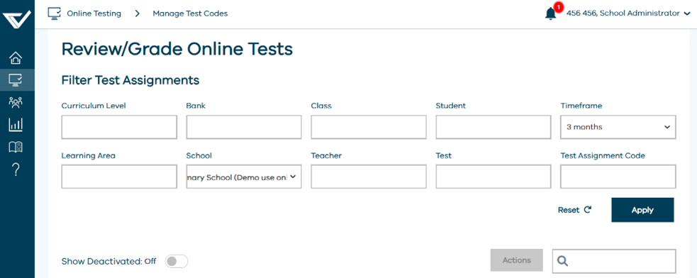 Review/Grade Online test screen